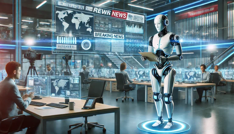 DALL·E 2025-01-14 19.46.18 - A futuristic newsroom featuring a humanoid robot journalist working alongside human journalists. The robot has a sleek metallic design with LED lights